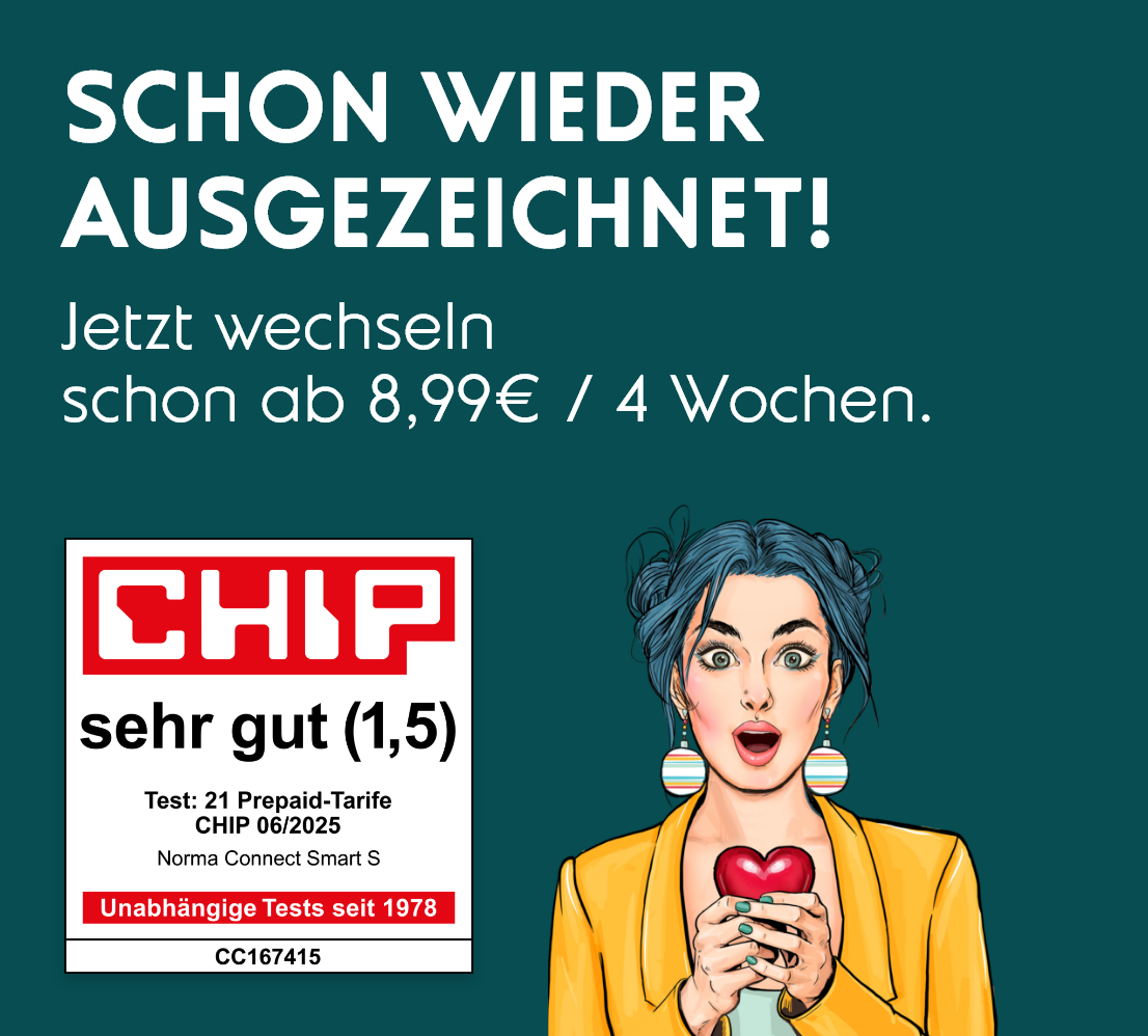 Banner mit Bewertung Sehr gut (1,5) von CHIP für Norma Connect Smart S. Auszeichnung in der Kategorie Prepaid-Tarife, veröffentlicht im CHIP-Test 06/2025. Jetzt wechseln ab 8,99 € pro 4 Wochen.