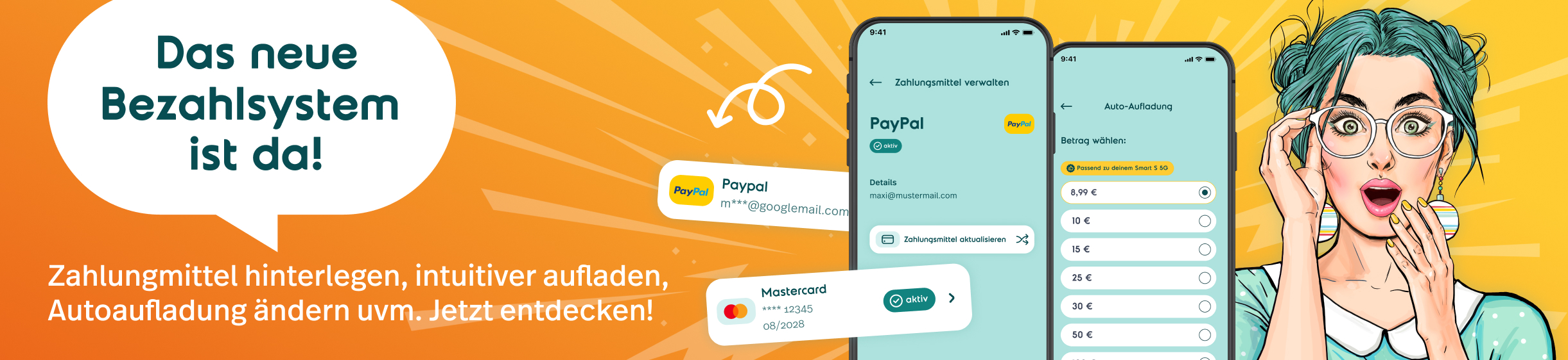 Banner zum neuen Bezahlsystem in der App: Zahlungsmittel hinterlegen, Guthaben einfacher aufladen und Autoaufladung ändern. Abgebildet sind zwei Smartphones sowie PayPal und Mastercard auf orangefarbenem Hintergrund.