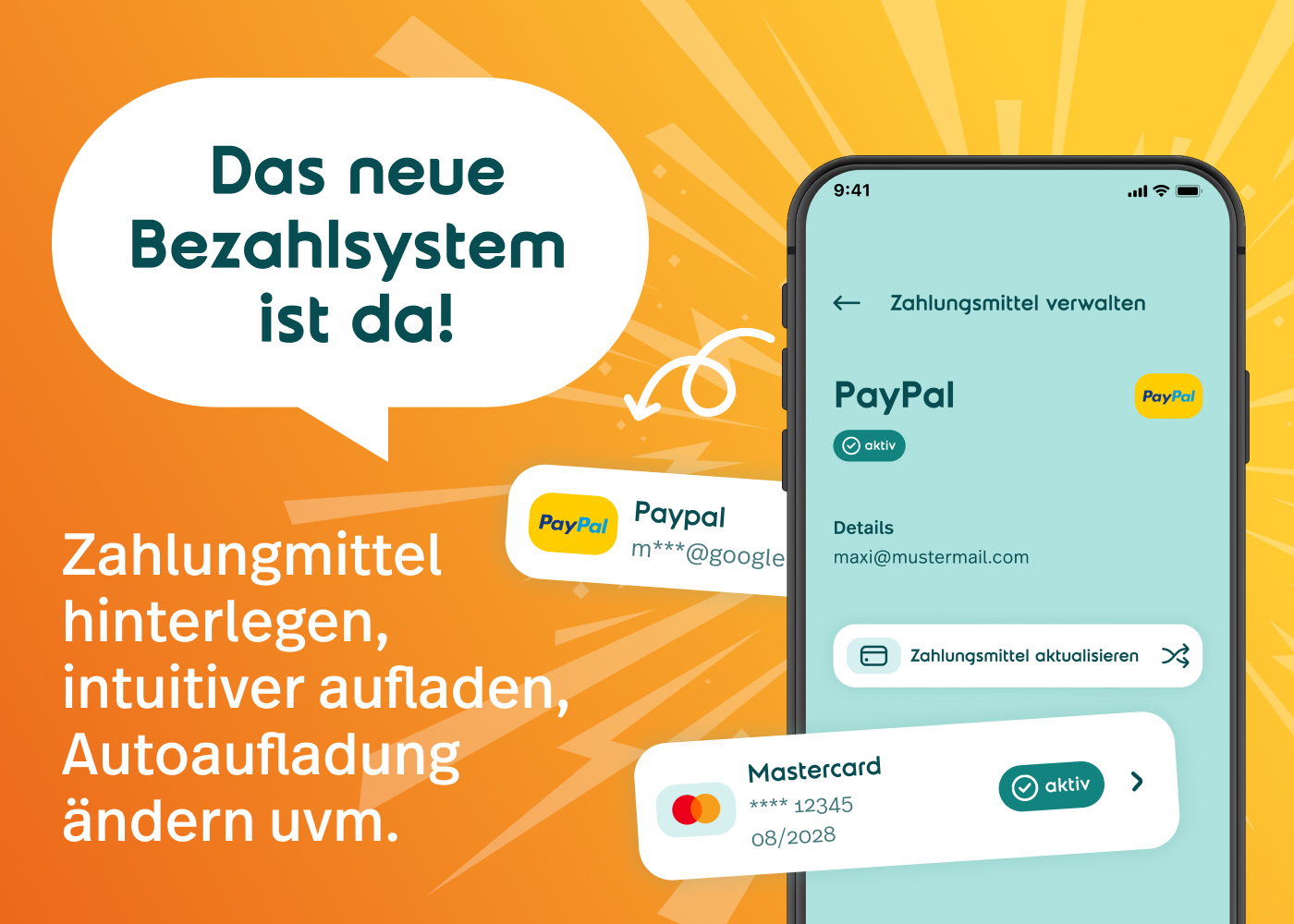 Banner zum neuen Bezahlsystem in der App: Zahlungsmittel hinterlegen, Guthaben einfacher aufladen und Autoaufladung ändern. Abgebildet sind zwei Smartphones sowie PayPal und Mastercard auf orangefarbenem Hintergrund.